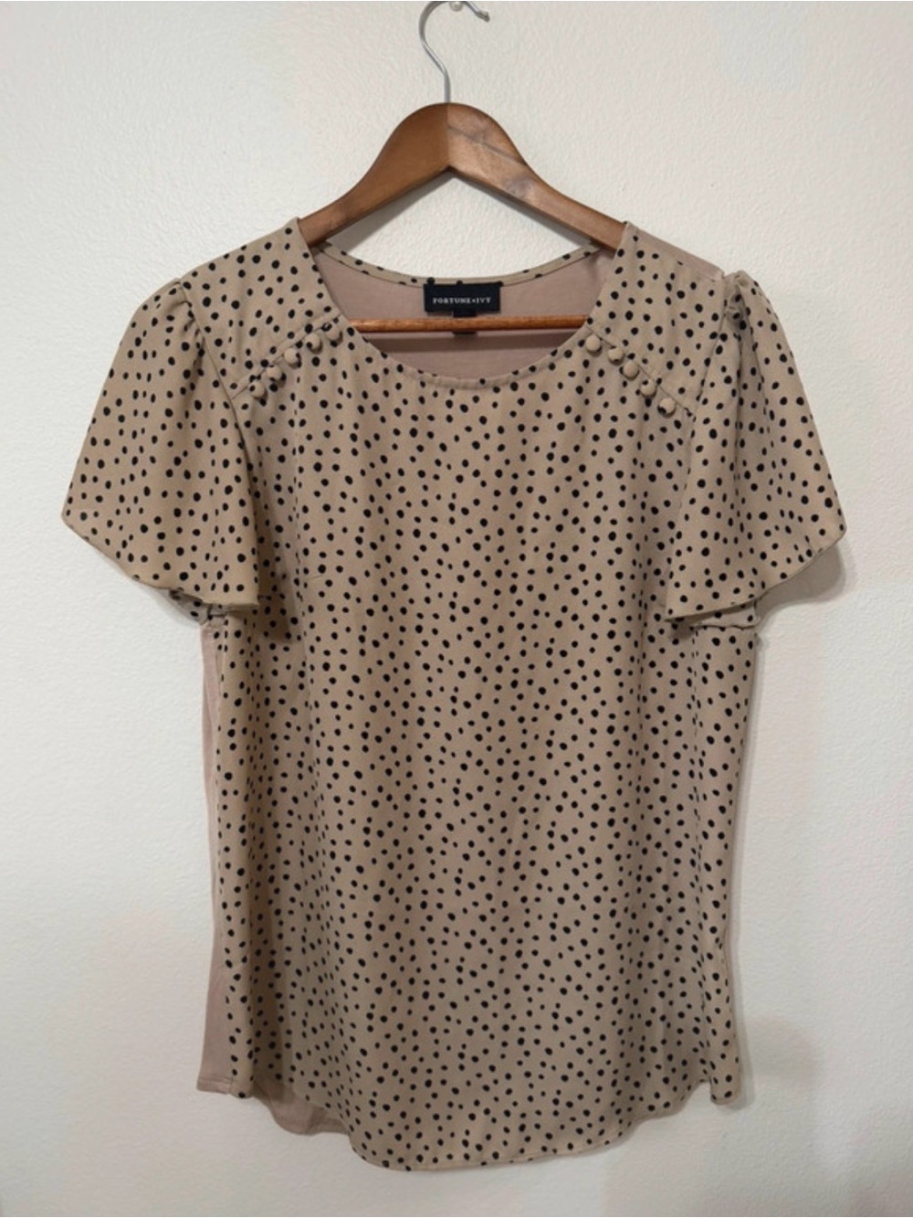 Polka Dot Flutter Sleeve Blouse in Beige by Fortune & Ivy